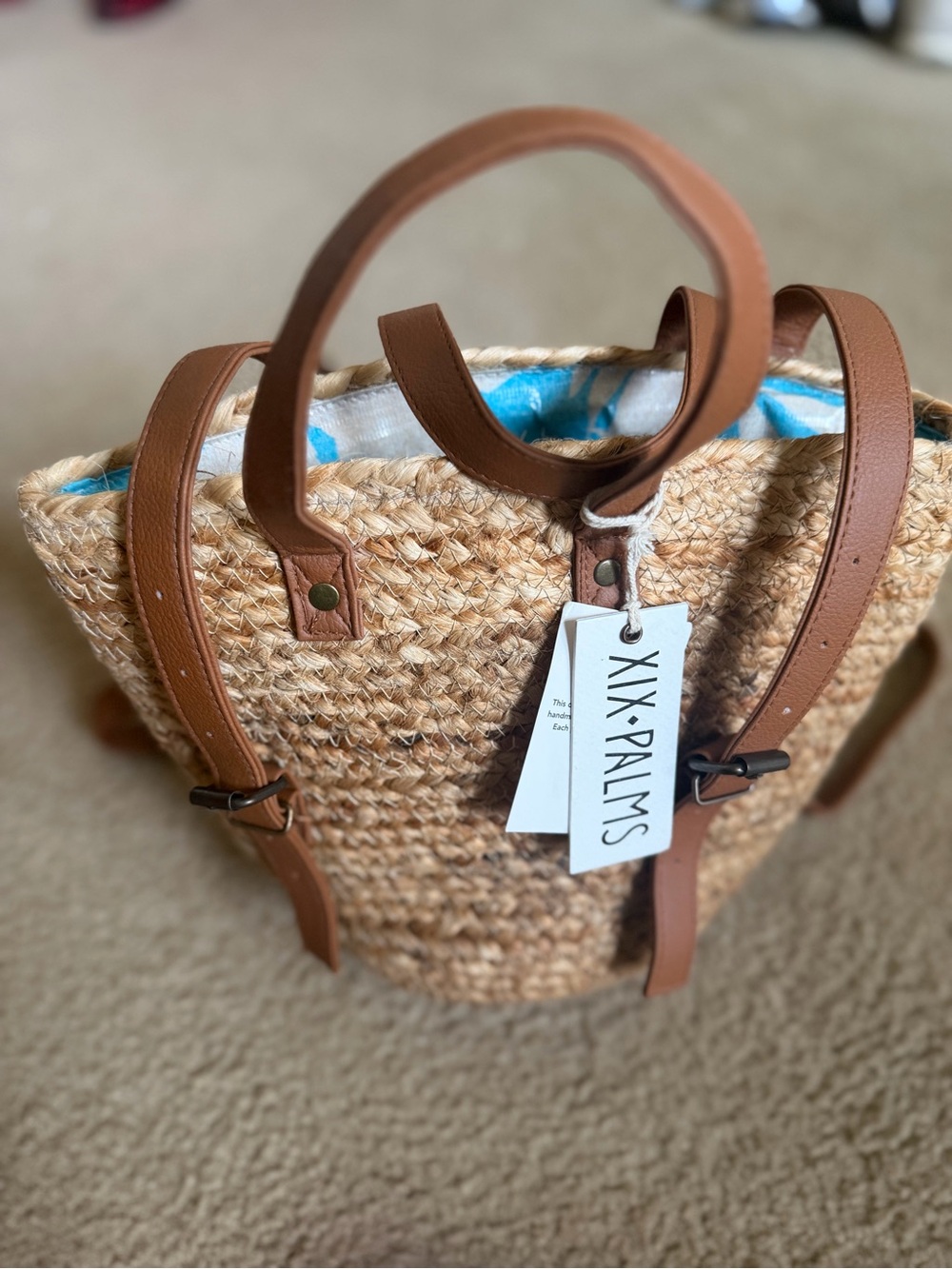XIX Palms Jute Bag Purse Boho Convertible Backpack Rattan.